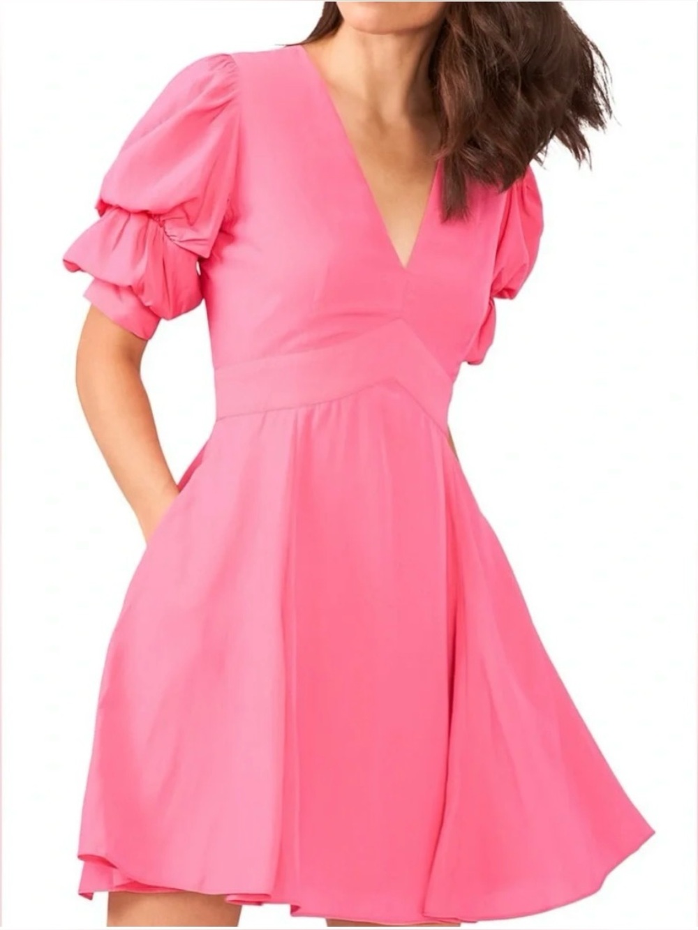 NWT 1. State Pink V-Neck Tiered Bubble Puff Short Sleeve Mini Dress Size XS